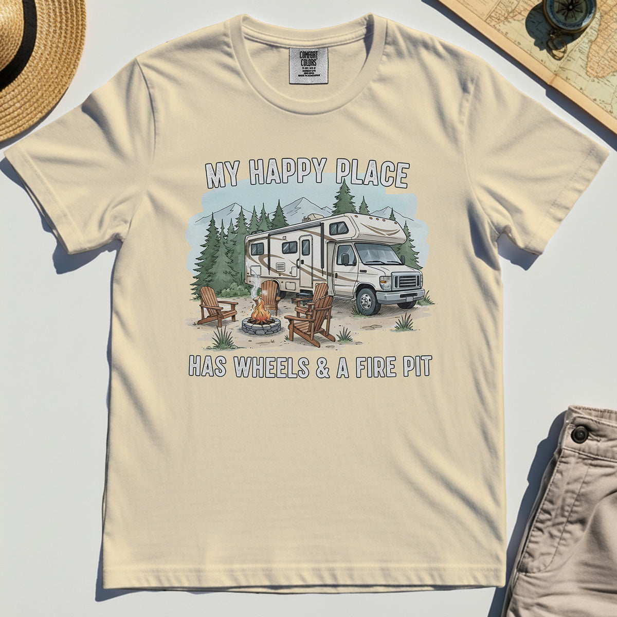 My Happy Place Has Wheels & A Fire Pit Comfort Color Tee 2