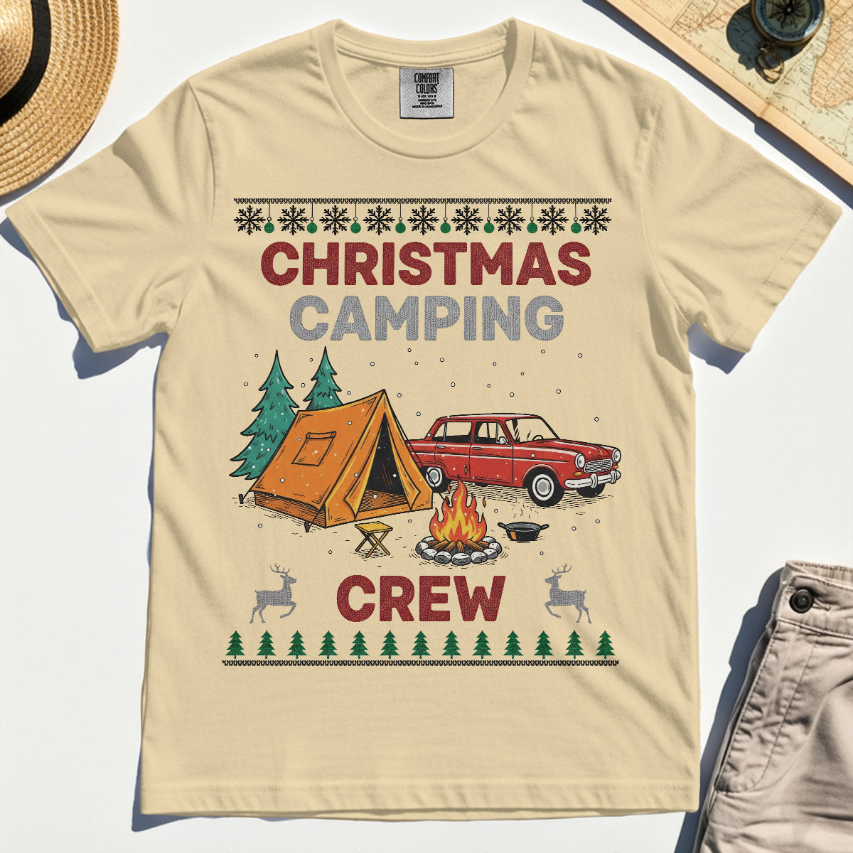 Retro Red Car Cream Christmas Camping Crew Comfort T-Shirt
