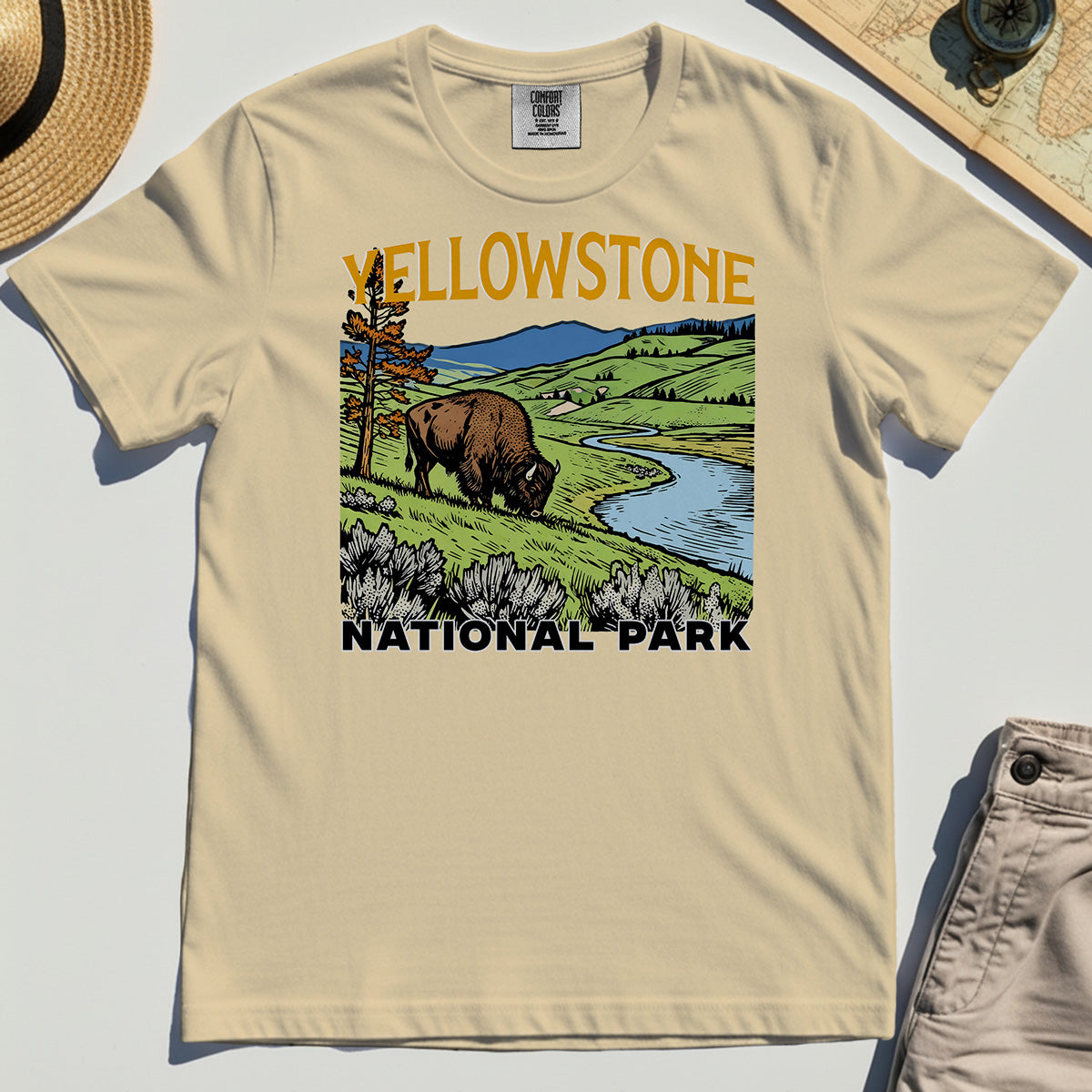 Yellowstone National Park Comfort Color Tees, Vintage Bison Landscape T-Shirts For Nature & Travel Lover 1