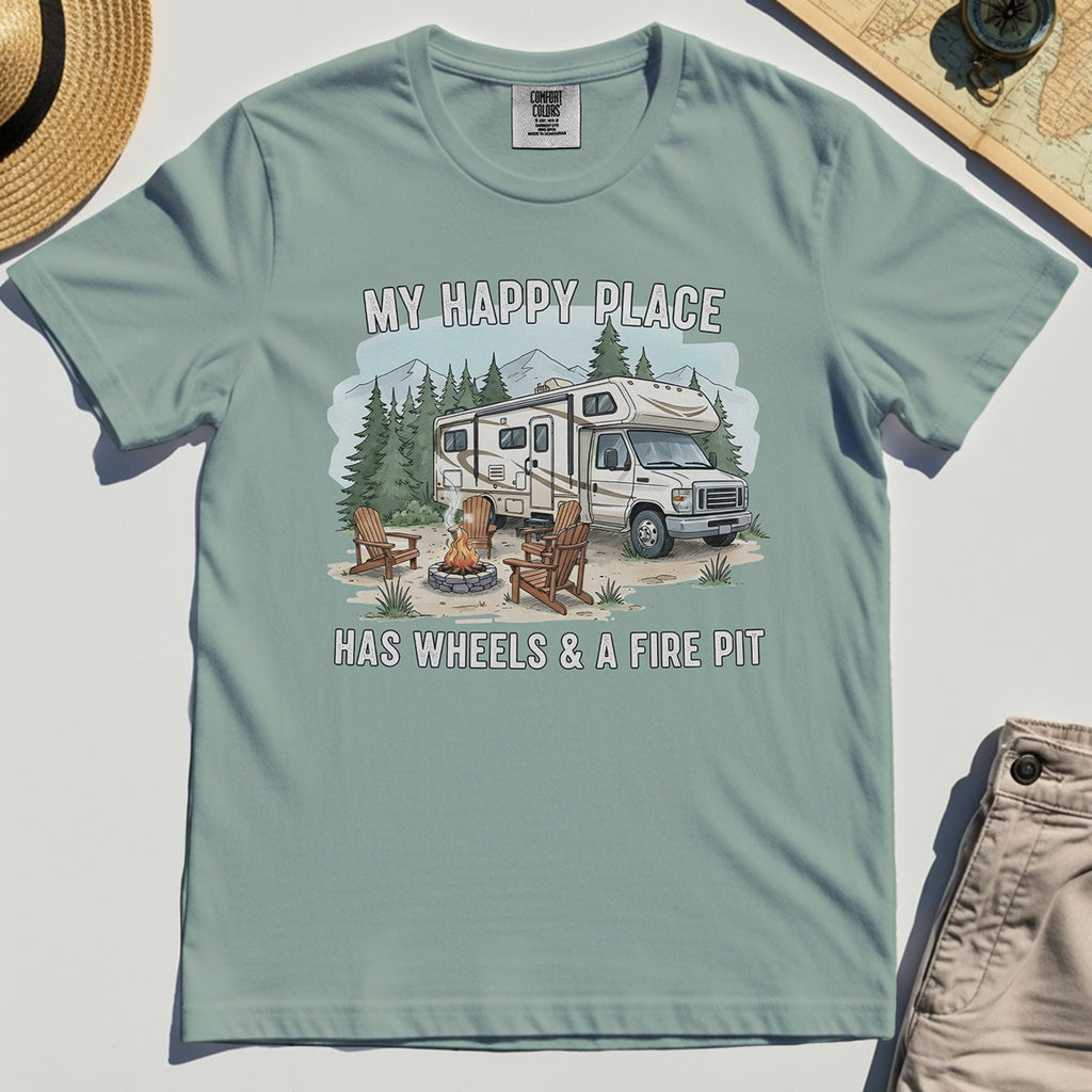 My Happy Place Has Wheels & A Fire Pit Comfort Color Tee 3