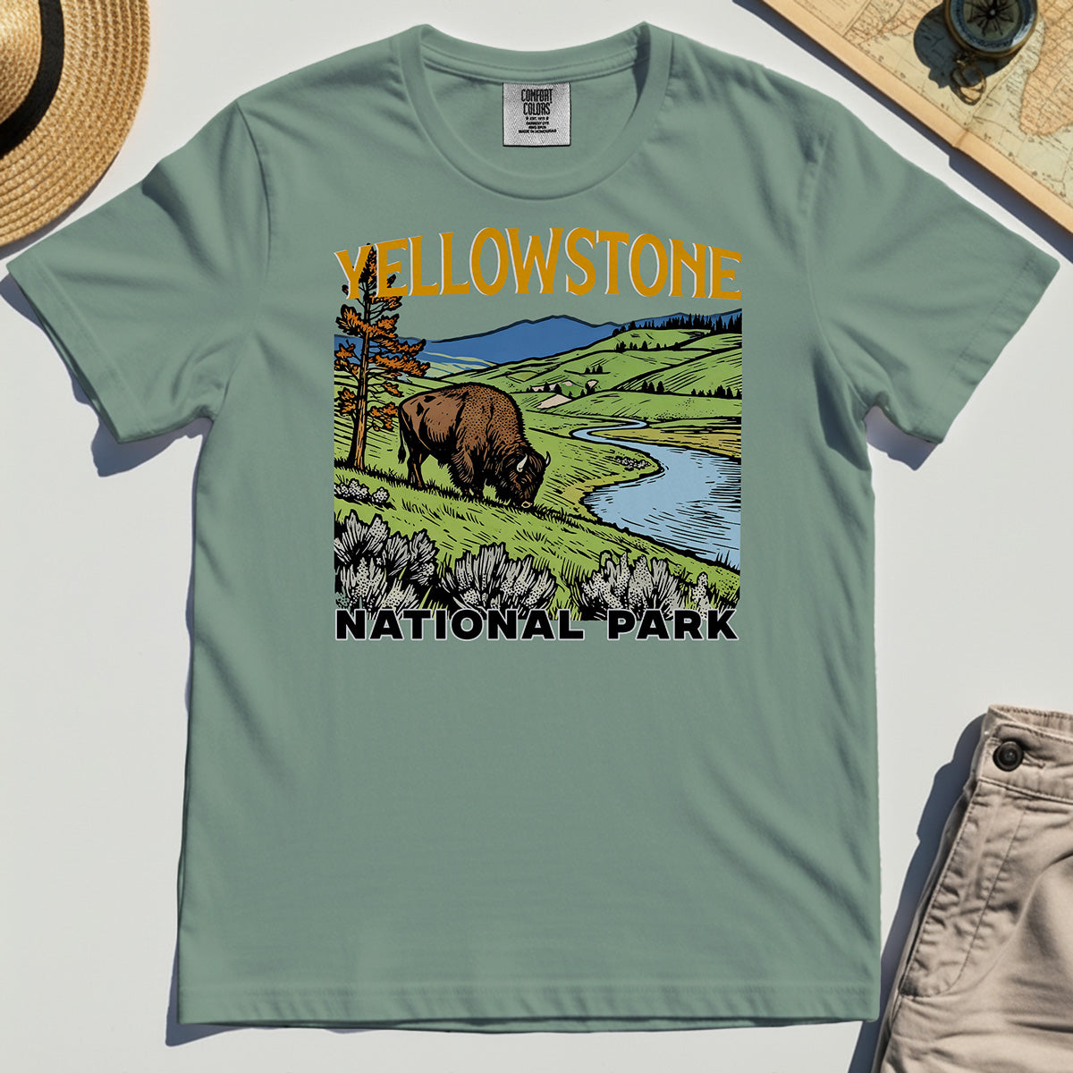 Yellowstone National Park Comfort Color Tees, Vintage Bison Landscape T-Shirts For Nature & Travel Lover 2