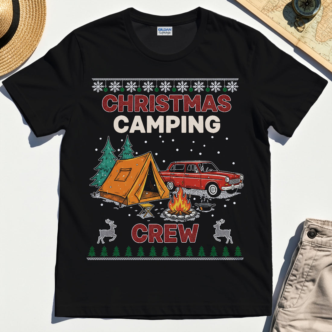 Retro Red Car Cream Christmas Camping Crew T-Shirts