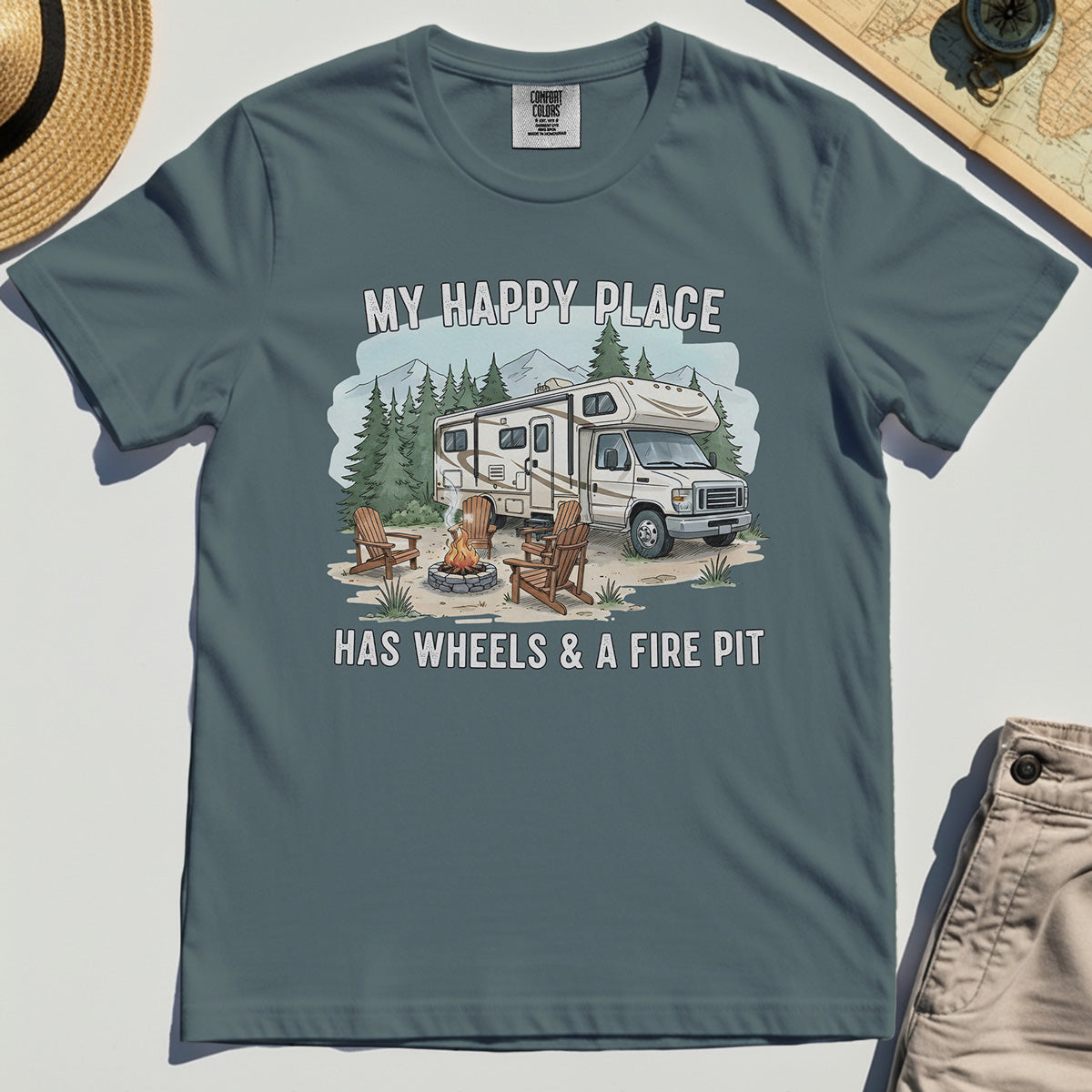 My Happy Place Has Wheels & A Fire Pit Comfort Color Tee 4