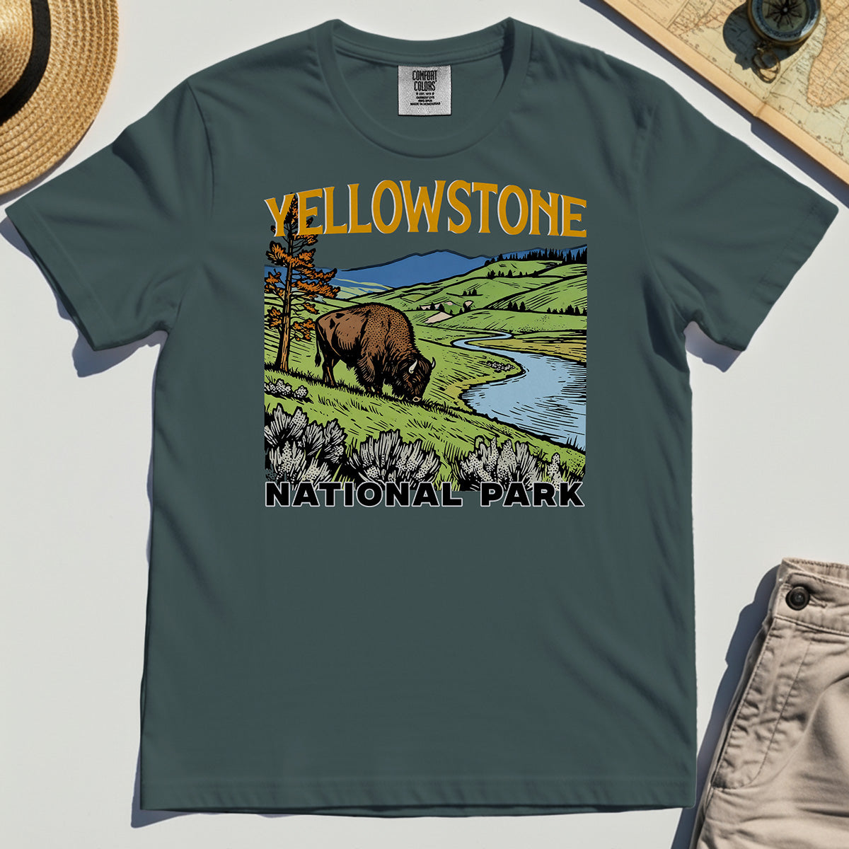 Yellowstone National Park Comfort Color Tees, Vintage Bison Landscape T-Shirts For Nature & Travel Lover 3