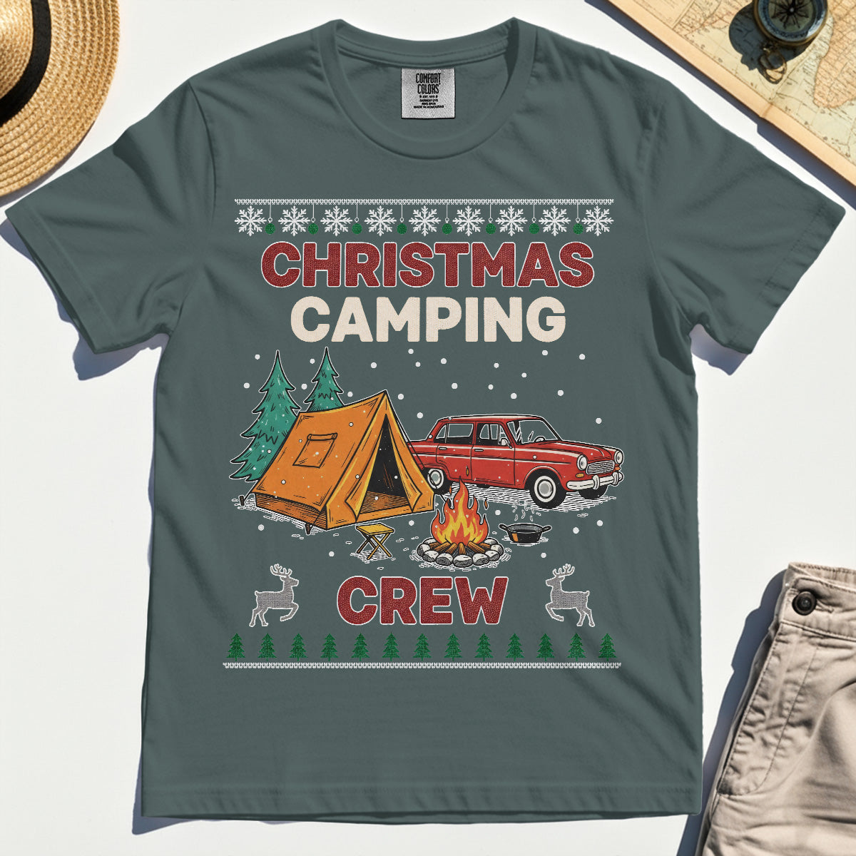 Retro Red Car Cream Christmas Camping Crew Comfort T-Shirt