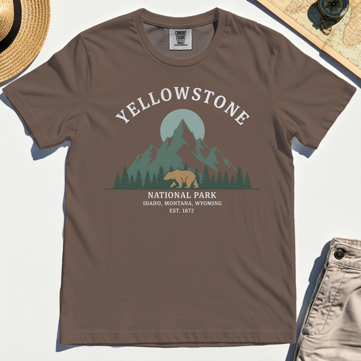 Yellowstone National Park Comfort Tee, Bear & Pines Mountain Graphic Comfort Color Tee 6
