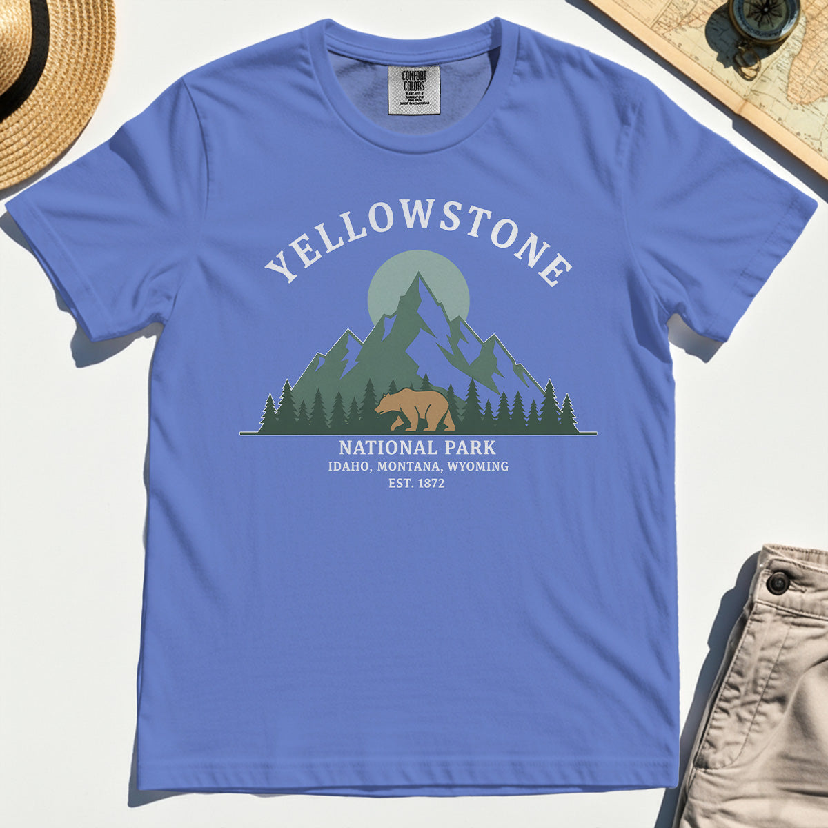 Yellowstone National Park Comfort Tee, Bear & Pines Mountain Graphic Comfort Color Tee 7