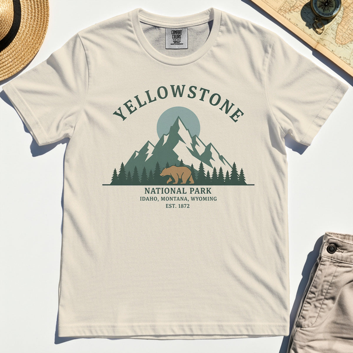 Yellowstone National Park Comfort Tee, Bear & Pines Mountain Graphic Comfort Color Tee 2