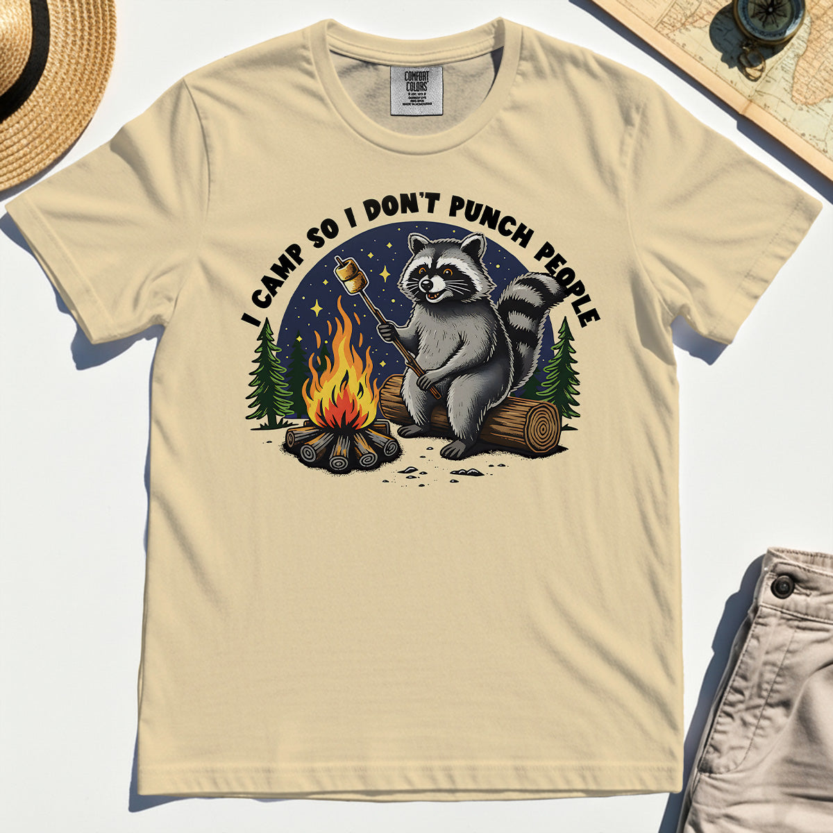 I Camp So I Don’t Punch People Comfort Tee, Funny Raccoon Marshmallow Campfire Comfort Color Tee 3