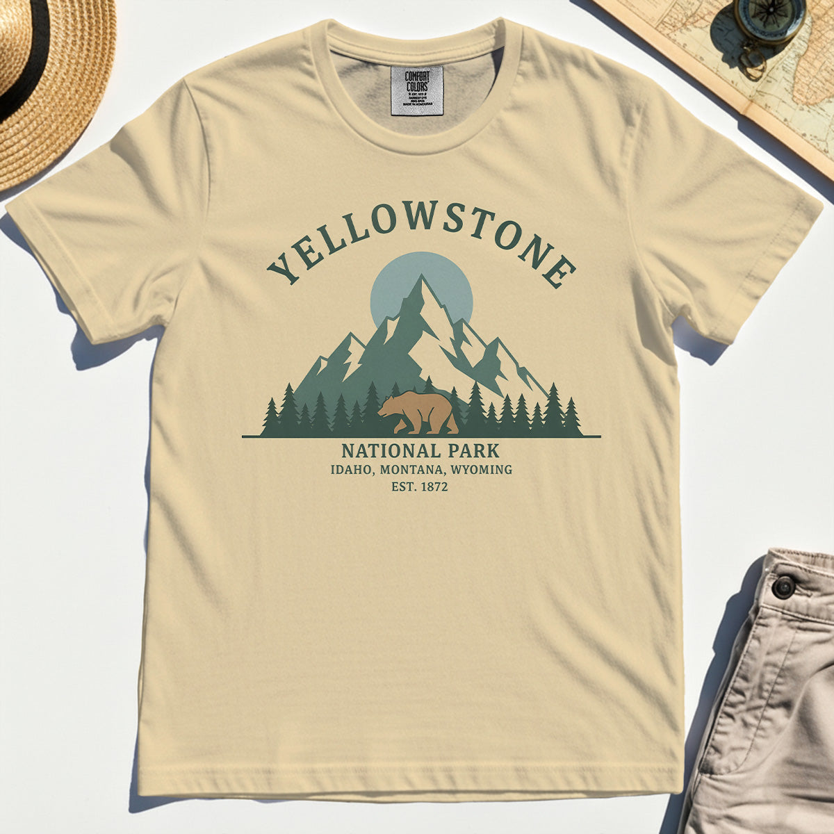 Yellowstone National Park Comfort Tee, Bear & Pines Mountain Graphic Comfort Color Tee 3
