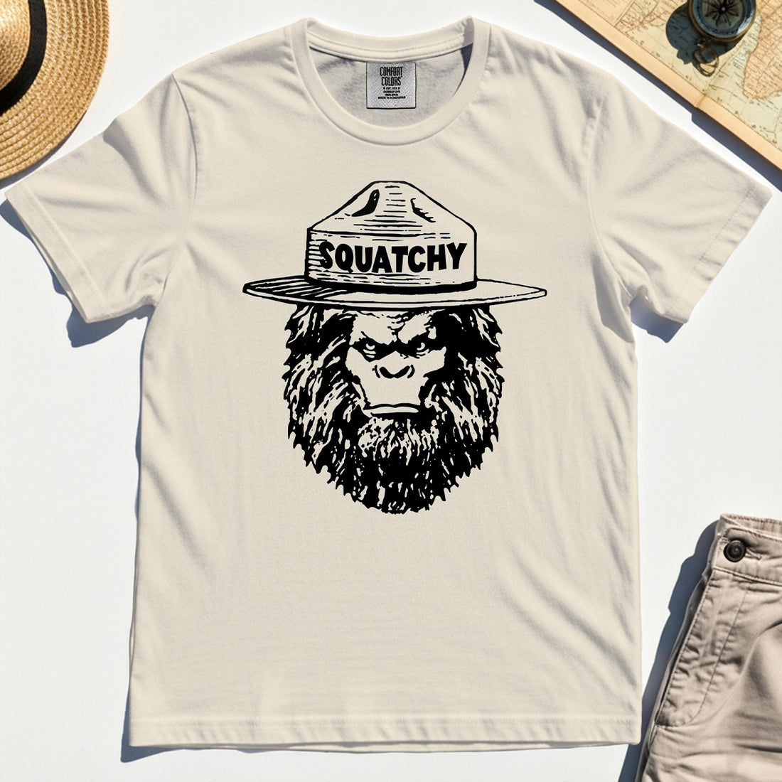 Sasquatch "SQUATCHY" Funny Bigfoot Comfort Tee, Retro Line Art Bigfoot Face Comfort Color Tees For Camping Lovers 1