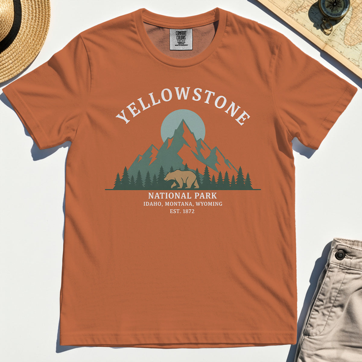 Yellowstone National Park Comfort Tee, Bear & Pines Mountain Graphic Comfort Color Tee 8