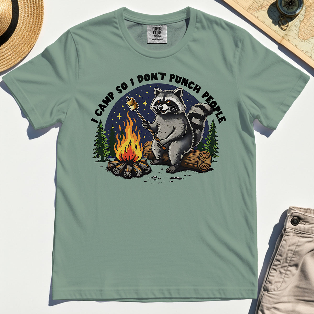 I Camp So I Don’t Punch People Comfort Tee, Funny Raccoon Marshmallow Campfire Comfort Color Tee 4