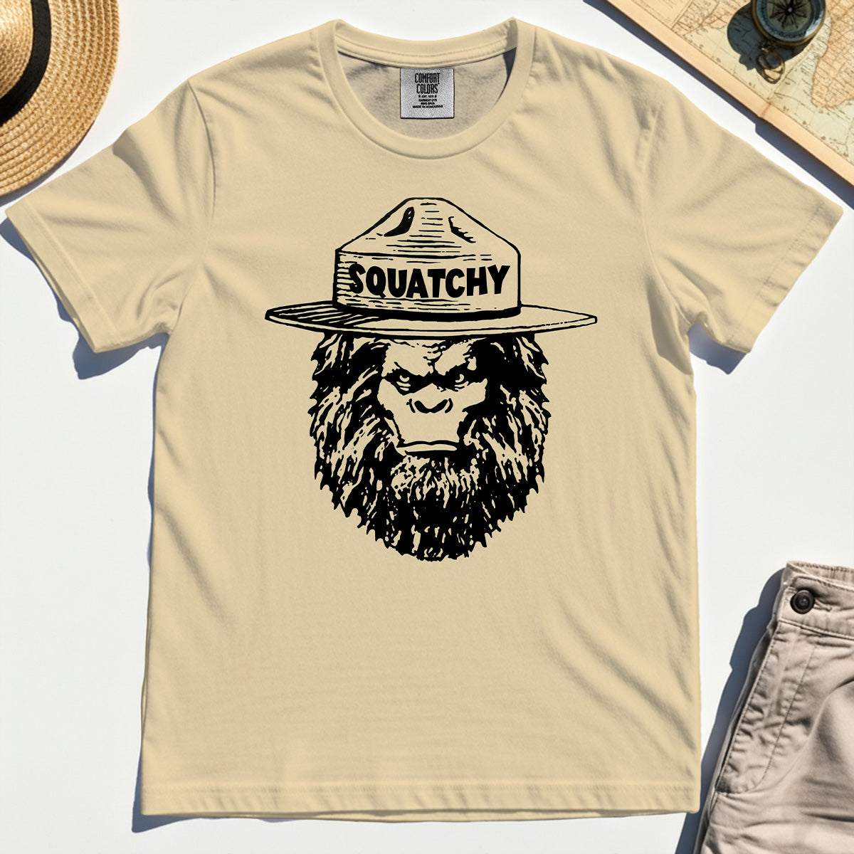 Sasquatch "SQUATCHY" Funny Bigfoot Comfort Tee, Retro Line Art Bigfoot Face Comfort Color Tees For Camping Lovers 3