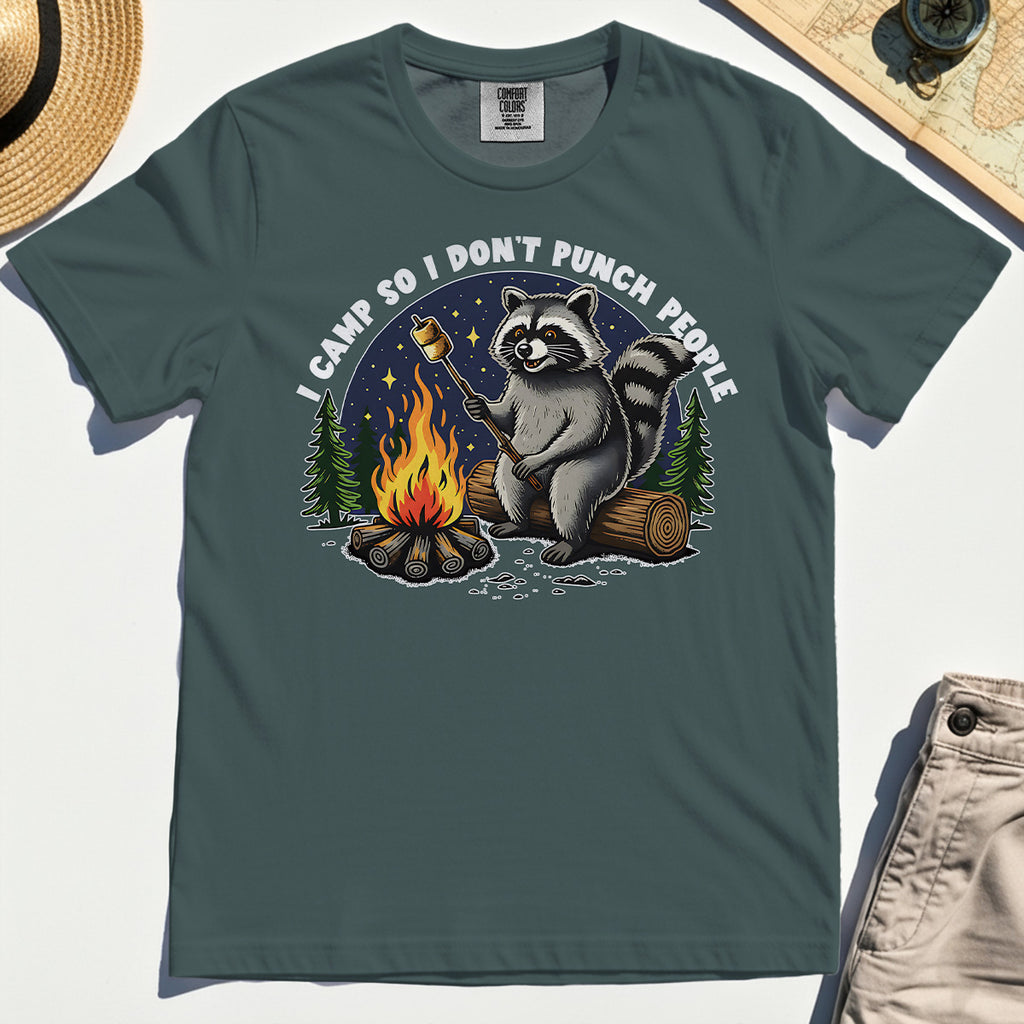 I Camp So I Don’t Punch People Comfort Tee, Funny Raccoon Marshmallow Campfire Comfort Color Tee 5