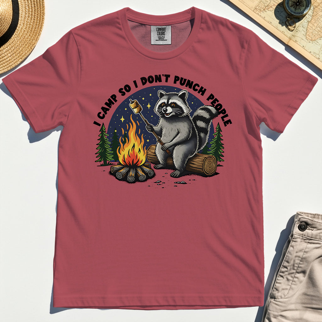 I Camp So I Don’t Punch People Comfort Tee, Funny Raccoon Marshmallow Campfire Comfort Color Tee 1