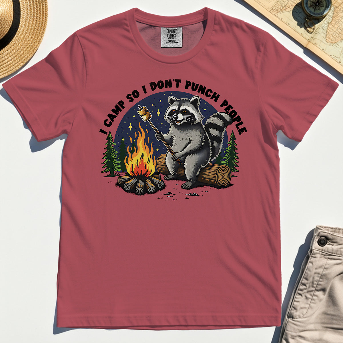 I Camp So I Don’t Punch People Comfort Tee, Funny Raccoon Marshmallow Campfire Comfort Color Tee 1