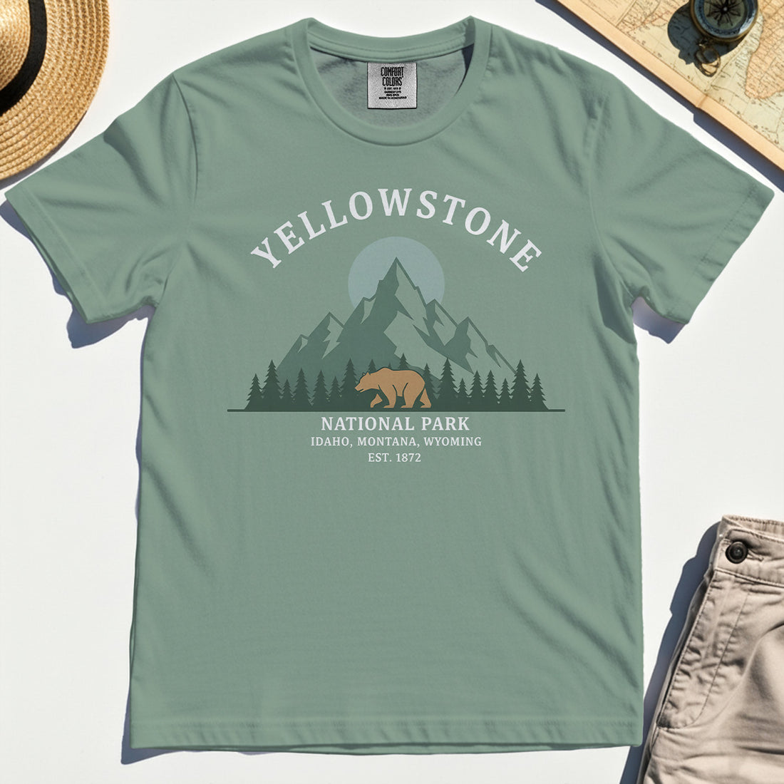Yellowstone National Park Comfort Tee, Bear & Pines Mountain Graphic Comfort Color Tee 1