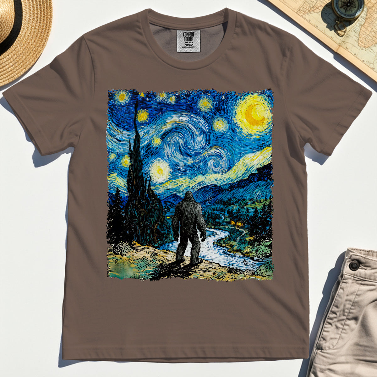 Funny Sasquatch Van Gogh Parody Comfort Tee, Bigfoot Starry Night Comfort Color Tee 6