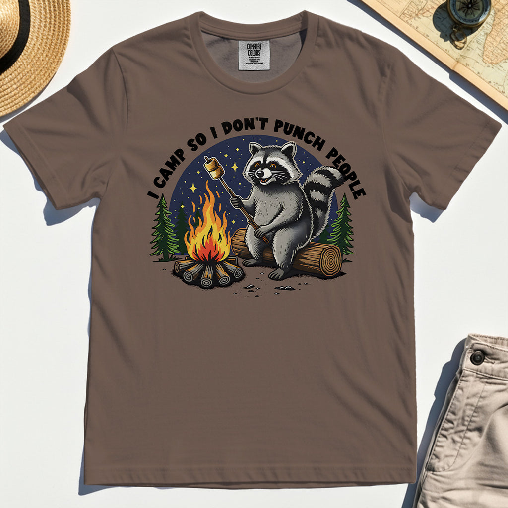 I Camp So I Don’t Punch People Comfort Tee, Funny Raccoon Marshmallow Campfire Comfort Color Tee 6