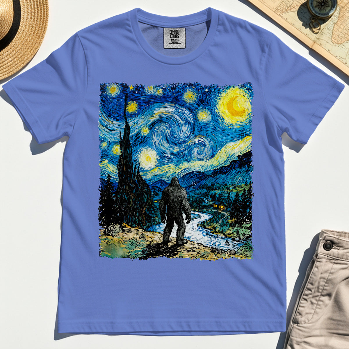 Funny Sasquatch Van Gogh Parody Comfort Tee, Bigfoot Starry Night Comfort Color Tee 7