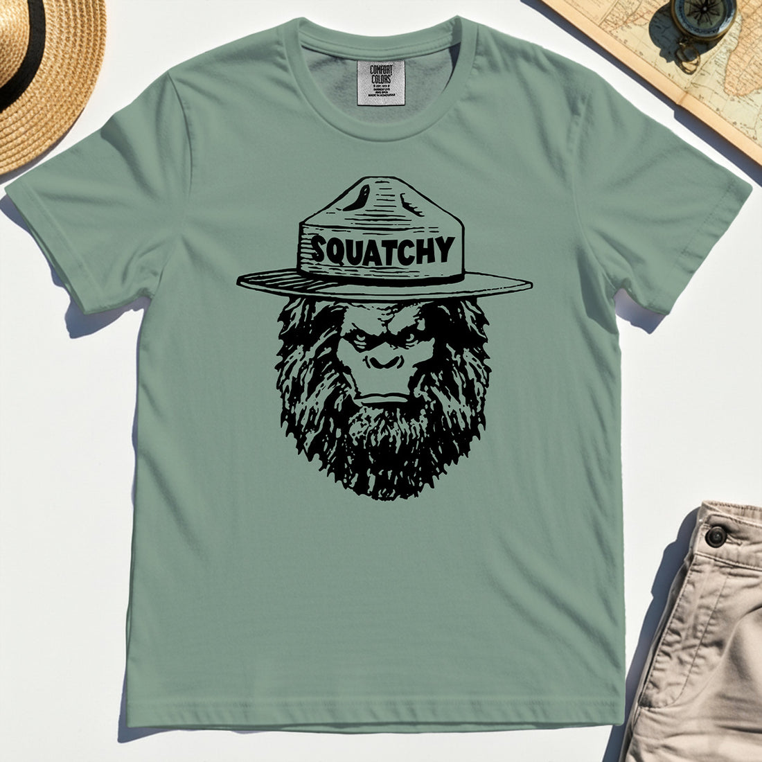 Sasquatch "SQUATCHY" Funny Bigfoot Comfort Tee, Retro Line Art Bigfoot Face Comfort Color Tees For Camping Lovers 1