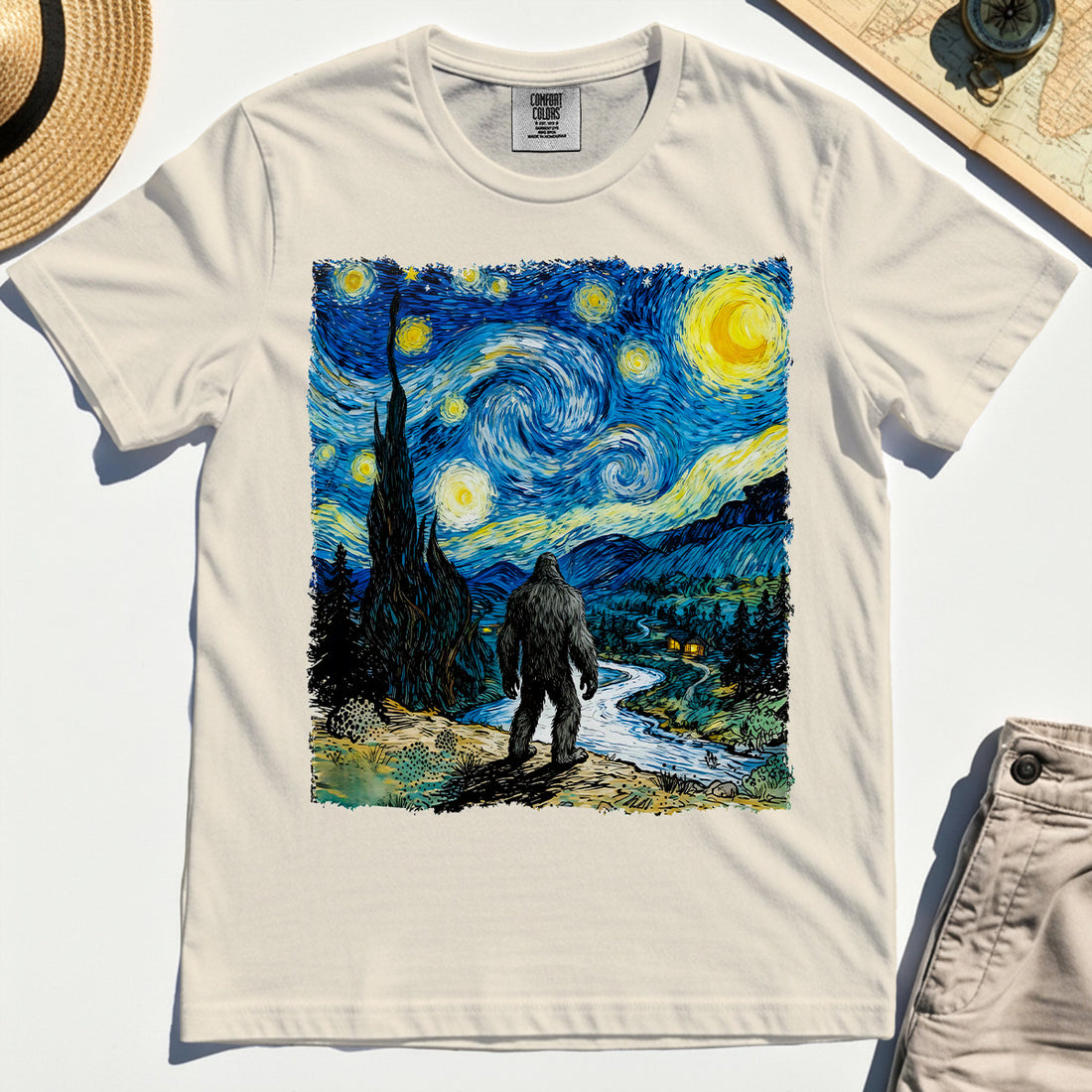 Funny Sasquatch Van Gogh Parody Comfort Tee, Bigfoot Starry Night Comfort Color Tee 1