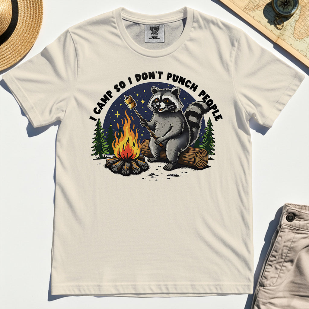 I Camp So I Don’t Punch People Comfort Tee, Funny Raccoon Marshmallow Campfire Comfort Color Tee 2
