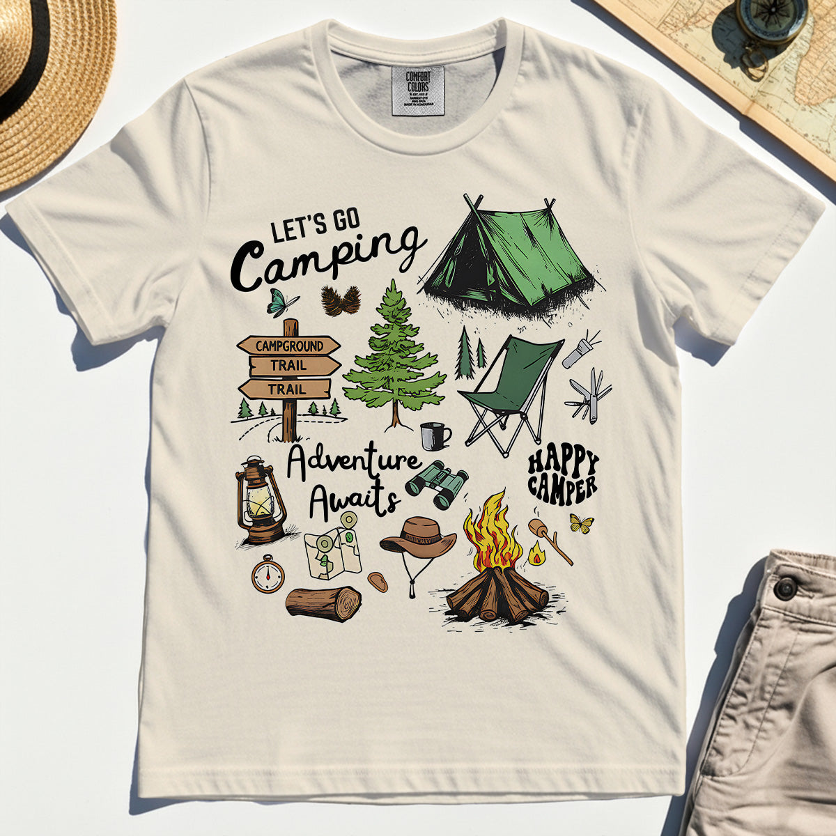 Let’s Go Camping Adventure Comfort Tee, Funny Happy Camper Comfort Color Tee For Outdoor Enthusiasts And Travelers 1