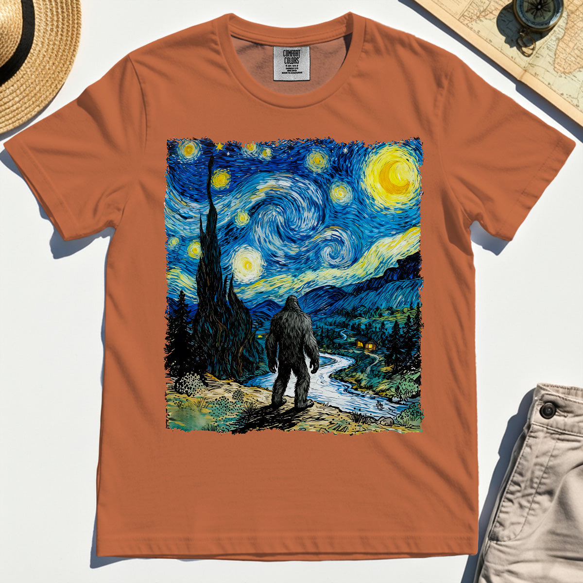Funny Sasquatch Van Gogh Parody Comfort Tee, Bigfoot Starry Night Comfort Color Tee 8