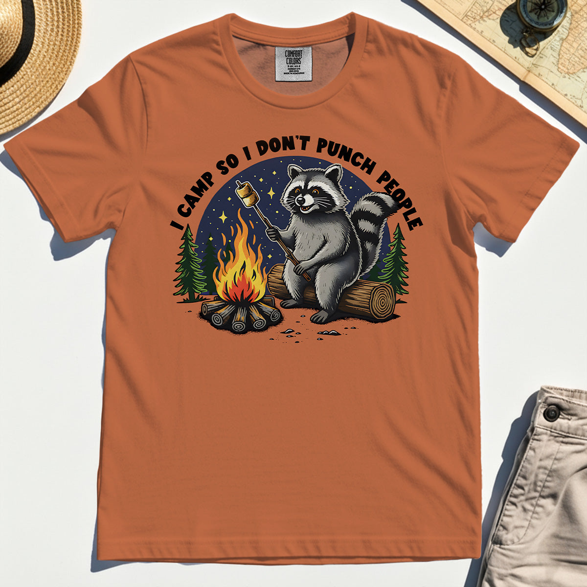 I Camp So I Don’t Punch People Comfort Tee, Funny Raccoon Marshmallow Campfire Comfort Color Tee 8