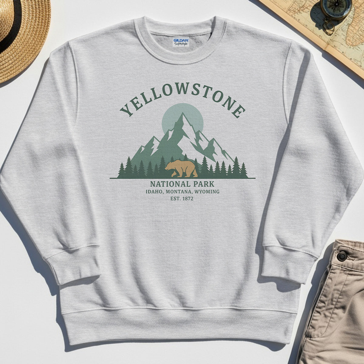 Yellowstone National Park Sweatshirt, Bear & Pines Mountain Graphic Sweatshirt 5