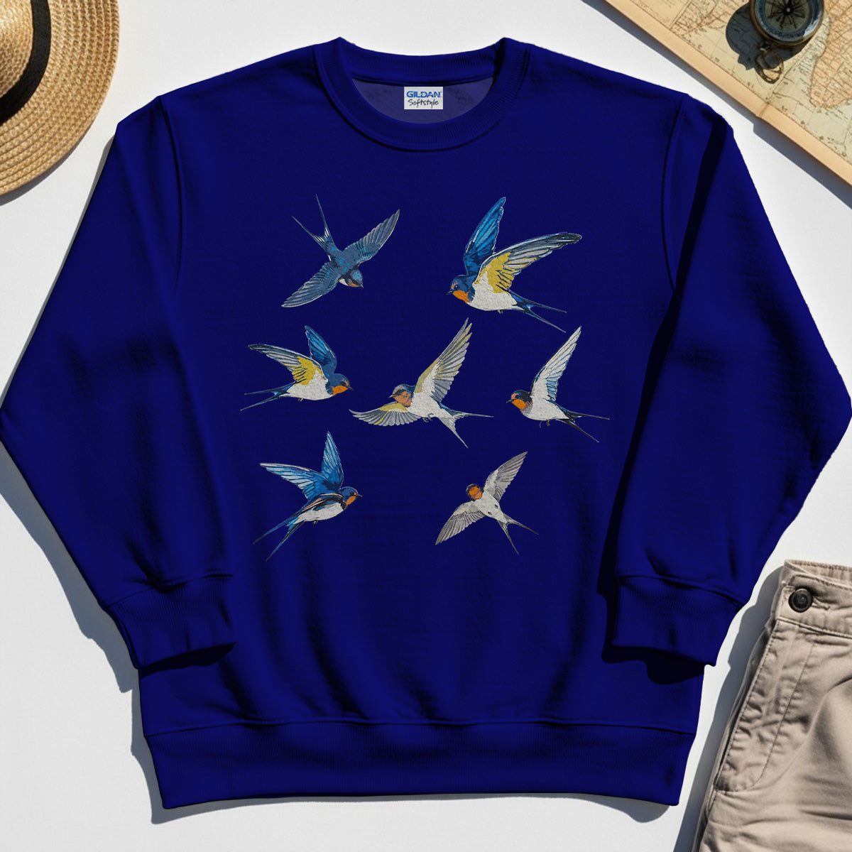 Elegant Flying Swallows Sweatshirt, Minimalist Wildlife Camping Graphic Sweatshirt Gift For Nature Campers 1