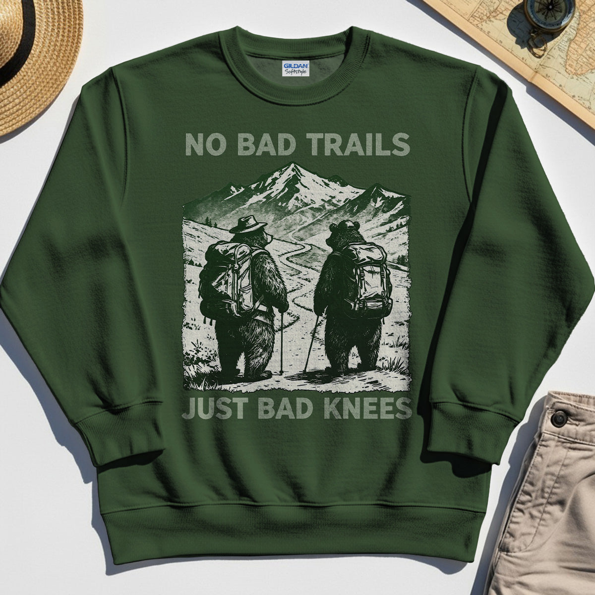 No Bad Trails Just Bad Knees Sweatshirt, Vintage Bear Backpacking Sweatshirt For Campers and Outdoor Enthusiasts 4