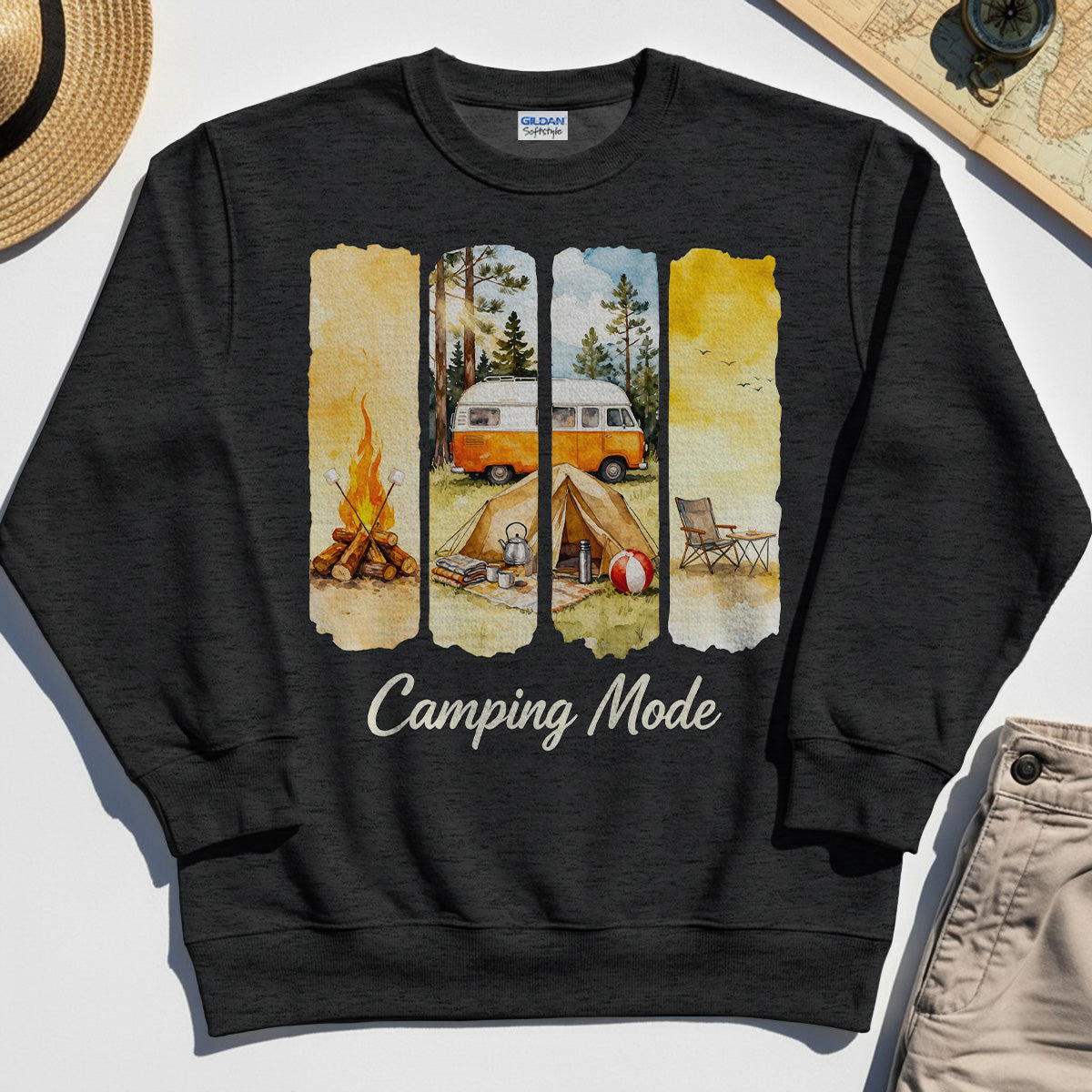 Van Life and Campfire Graphic Sweatshirt, Watercolor Campfire and Tent Graphic Sweatshirt For Outdoor Lovers 5
