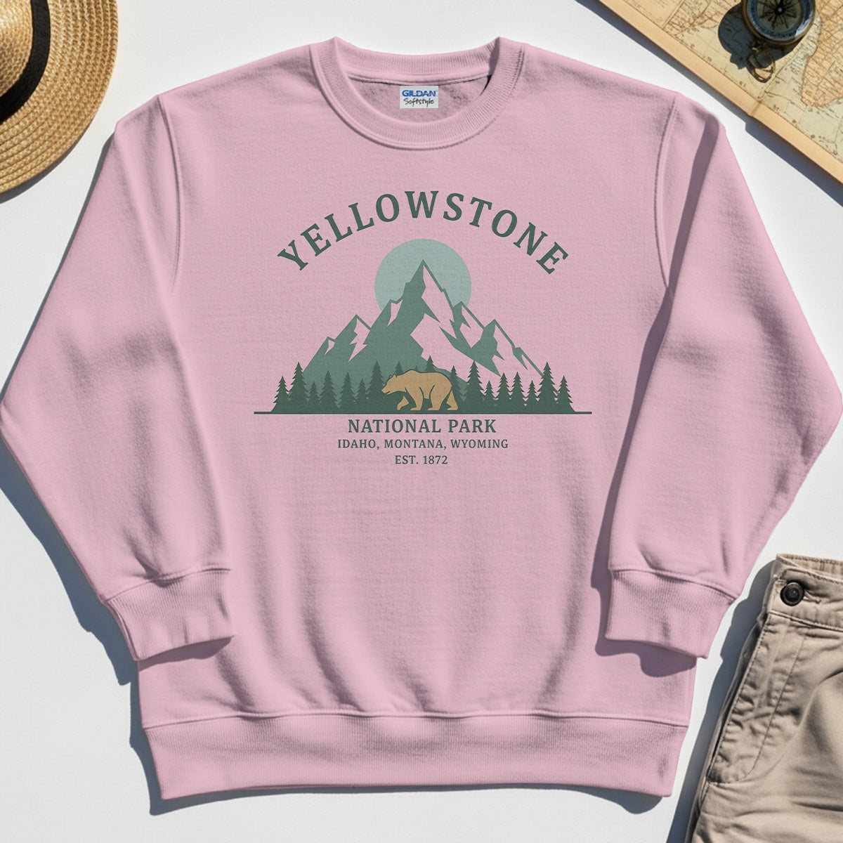 Yellowstone National Park Sweatshirt, Bear & Pines Mountain Graphic Sweatshirt 6