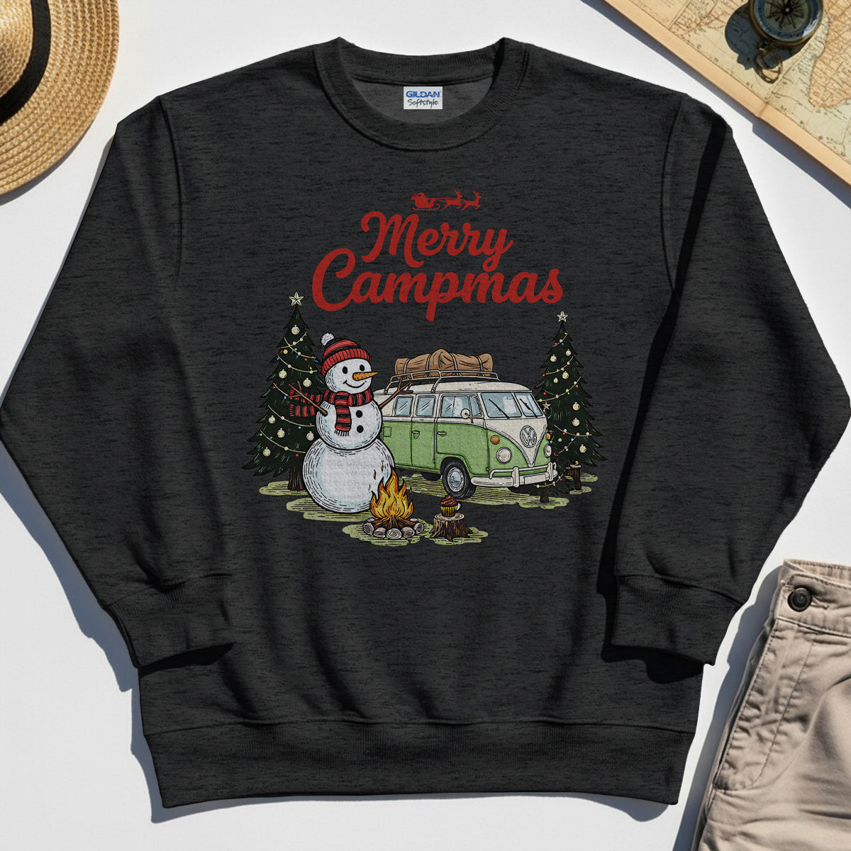 Funny Merry Christmas Camping Sweatshirt, Retro Camper Van Snowman Campfire Sweatshirt For Outdoor Lovers 4