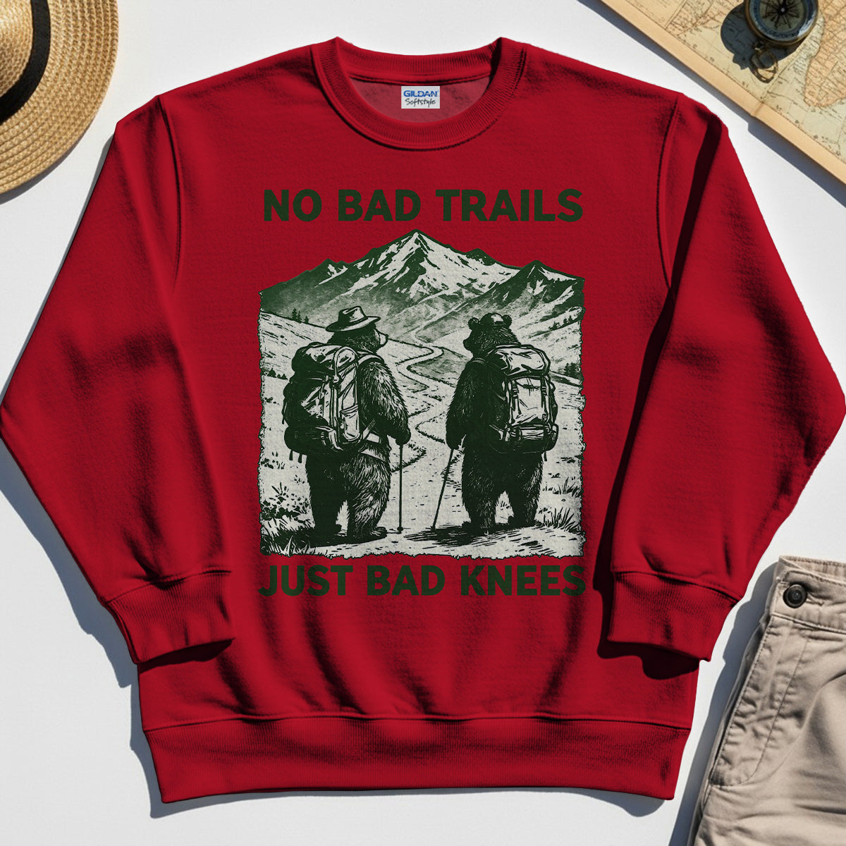 No Bad Trails Just Bad Knees Sweatshirt, Vintage Bear Backpacking Sweatshirt For Campers and Outdoor Enthusiasts 5