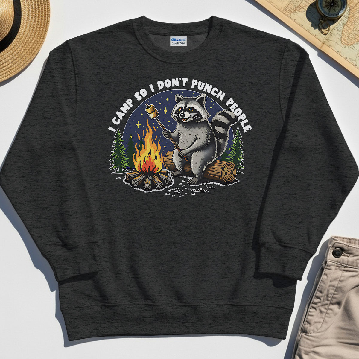 I Camp So I Don’t Punch People Sweatshirt, Funny Raccoon Marshmallow Campfire Sweatshirt 3