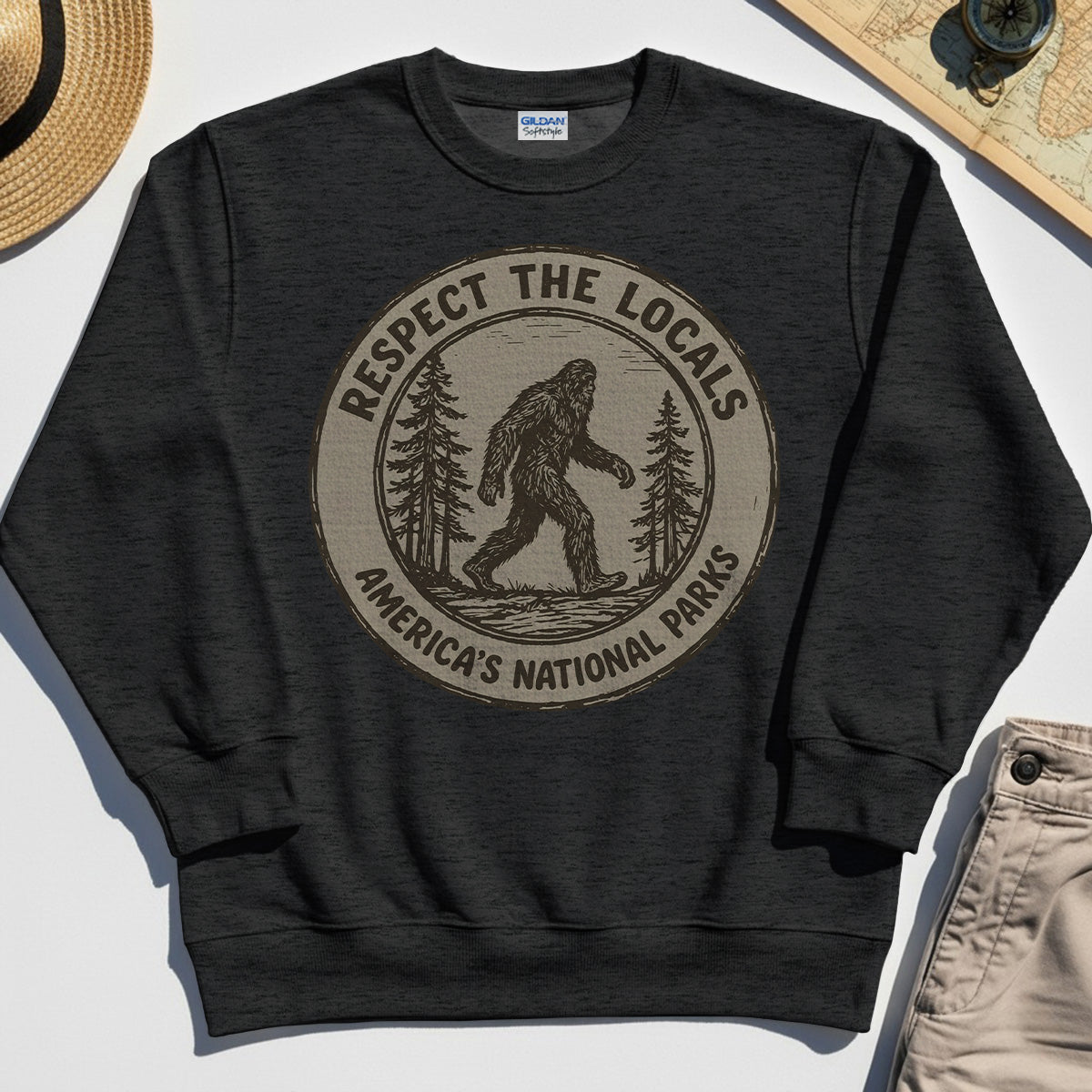 Retro Respect the Locals Bigfoot Sweatshirt, Funny Sasquatch National Park Camping Sweatshirt 6
