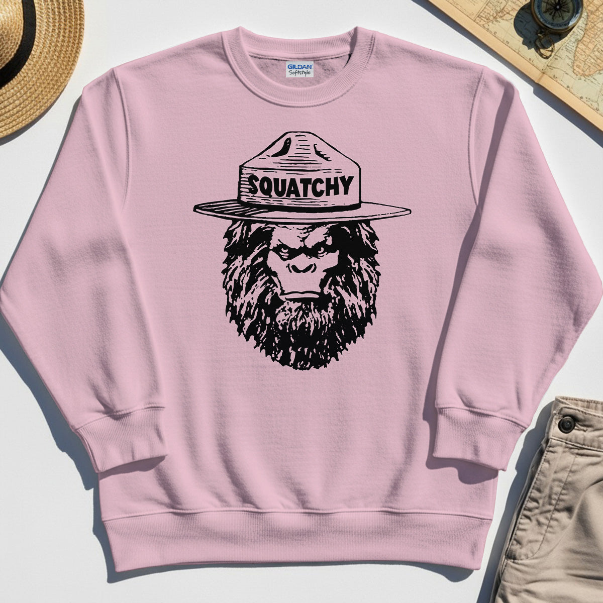 Sasquatch "SQUATCHY" Funny Bigfoot Sweatshirt, Retro Line Art Bigfoot Face Sweatshirt For Camping Lovers 5