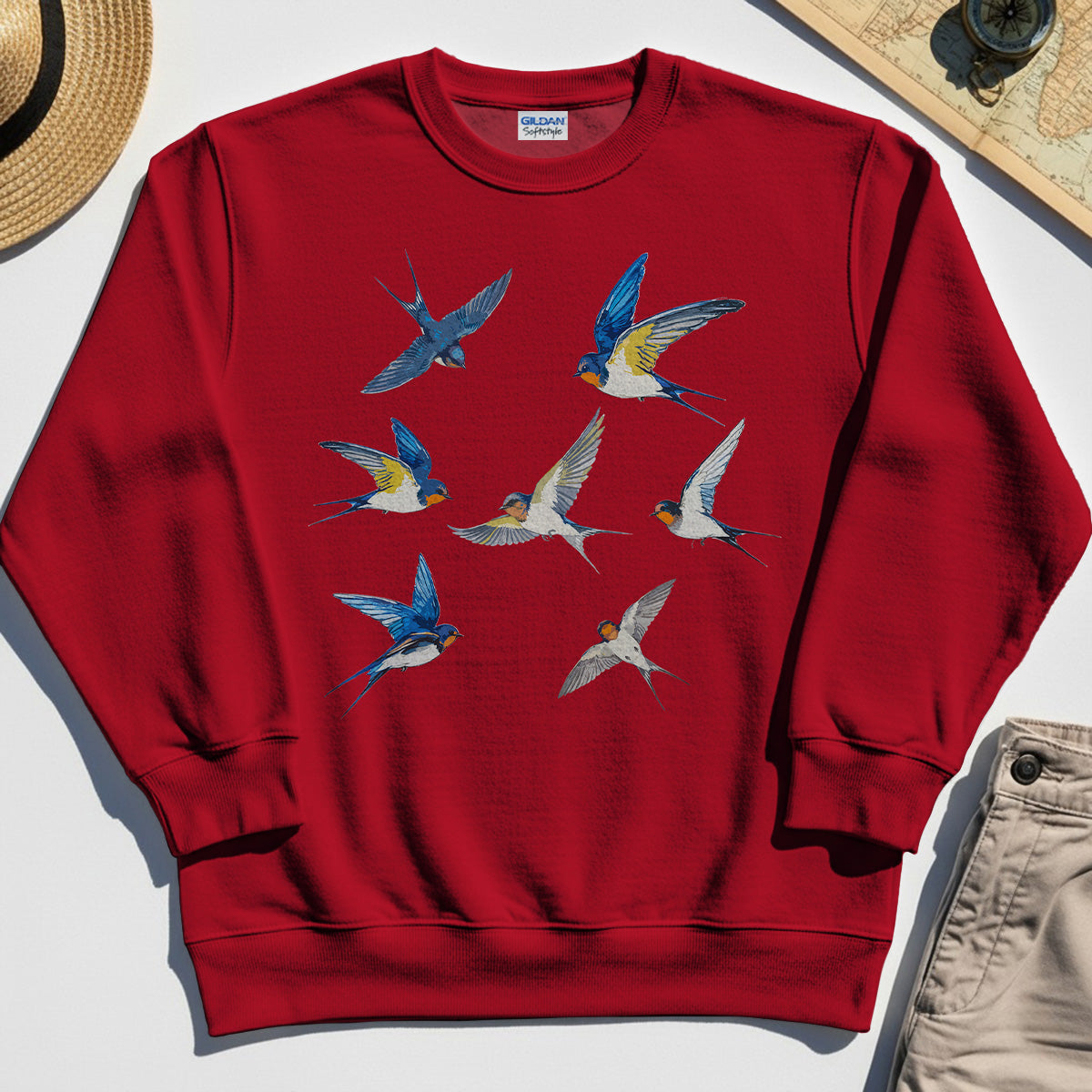 Elegant Flying Swallows Sweatshirt, Minimalist Wildlife Camping Graphic Sweatshirt Gift For Nature Campers 5