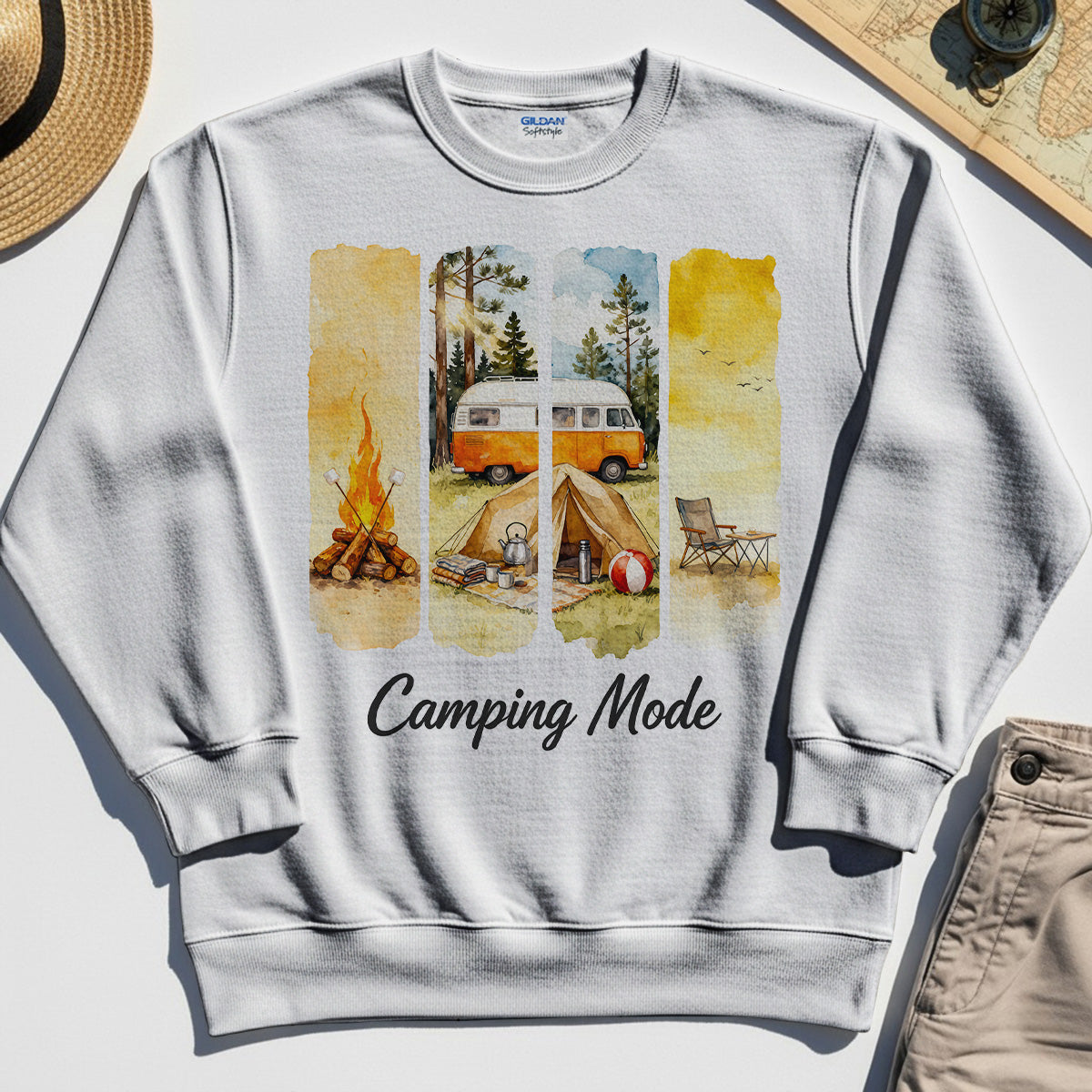 Van Life and Campfire Graphic Sweatshirt, Watercolor Campfire and Tent Graphic Sweatshirt For Outdoor Lovers 6