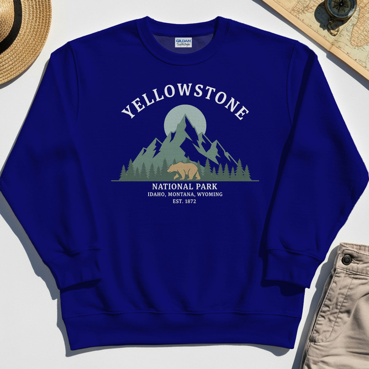 Yellowstone National Park Sweatshirt, Bear & Pines Mountain Graphic Sweatshirt 1