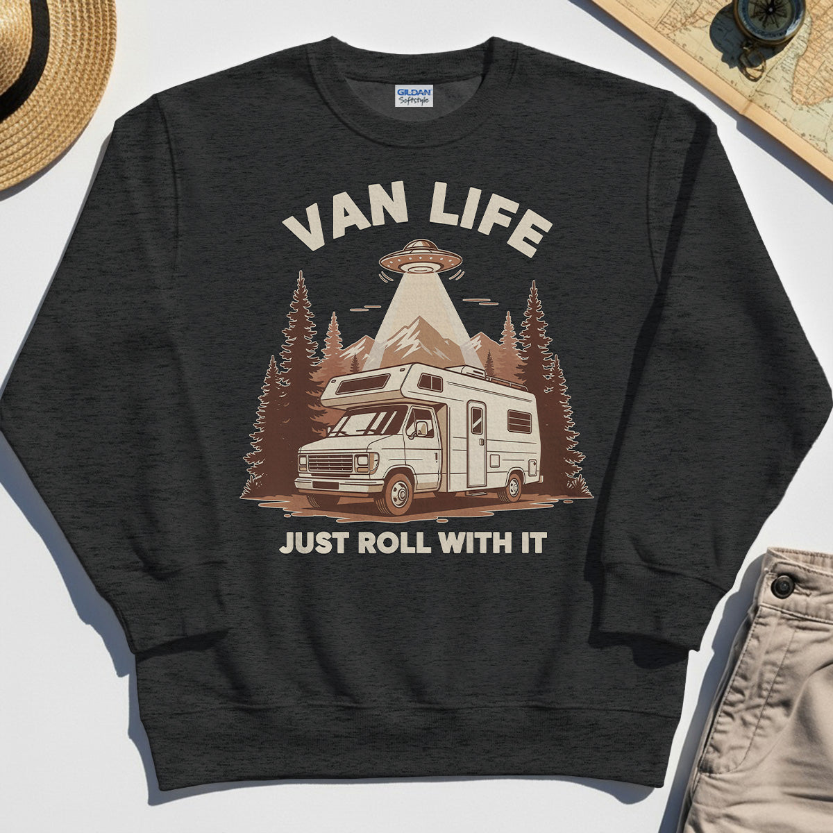 Just Roll With It Sweatshirt, Retro Camper Van Adventure Sweatshirt For Camping Lovers 3