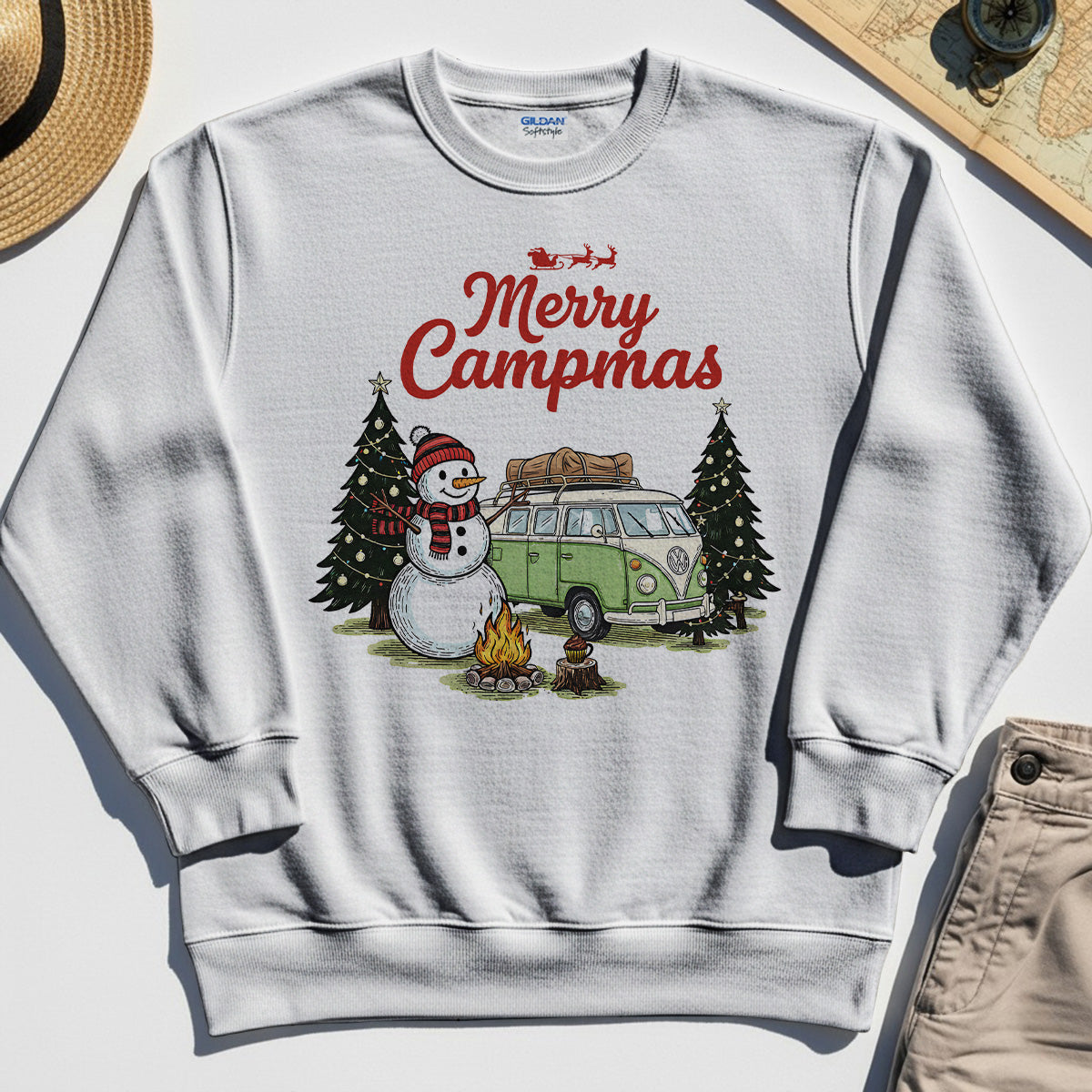 Funny Merry Christmas Camping Sweatshirt, Retro Camper Van Snowman Campfire Sweatshirt For Outdoor Lovers 5