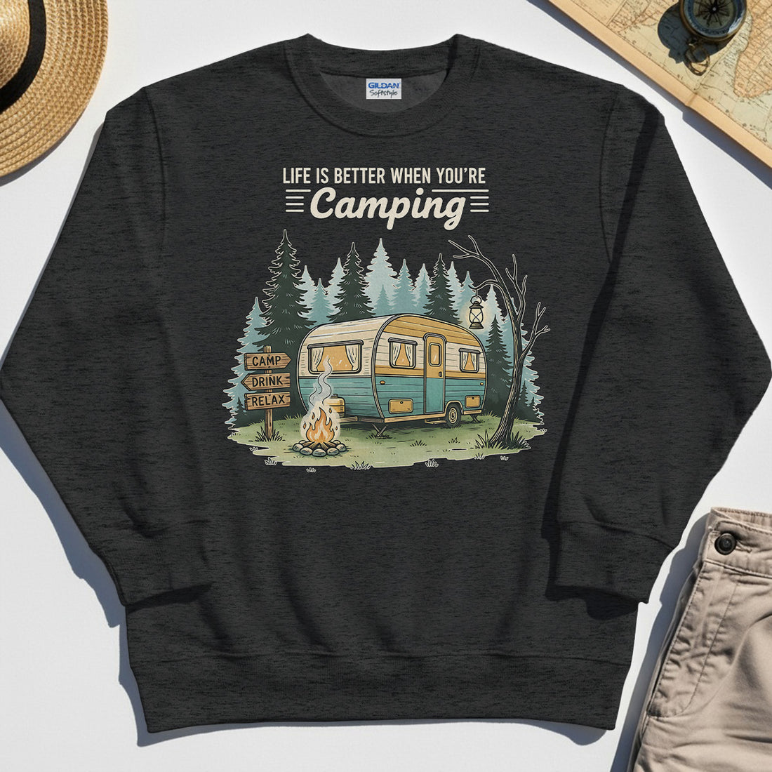 Life Is Better When You’re Camping Sweatshirt, Retro Camper and Campfire Sweatshirt For Travelers and Campers 1