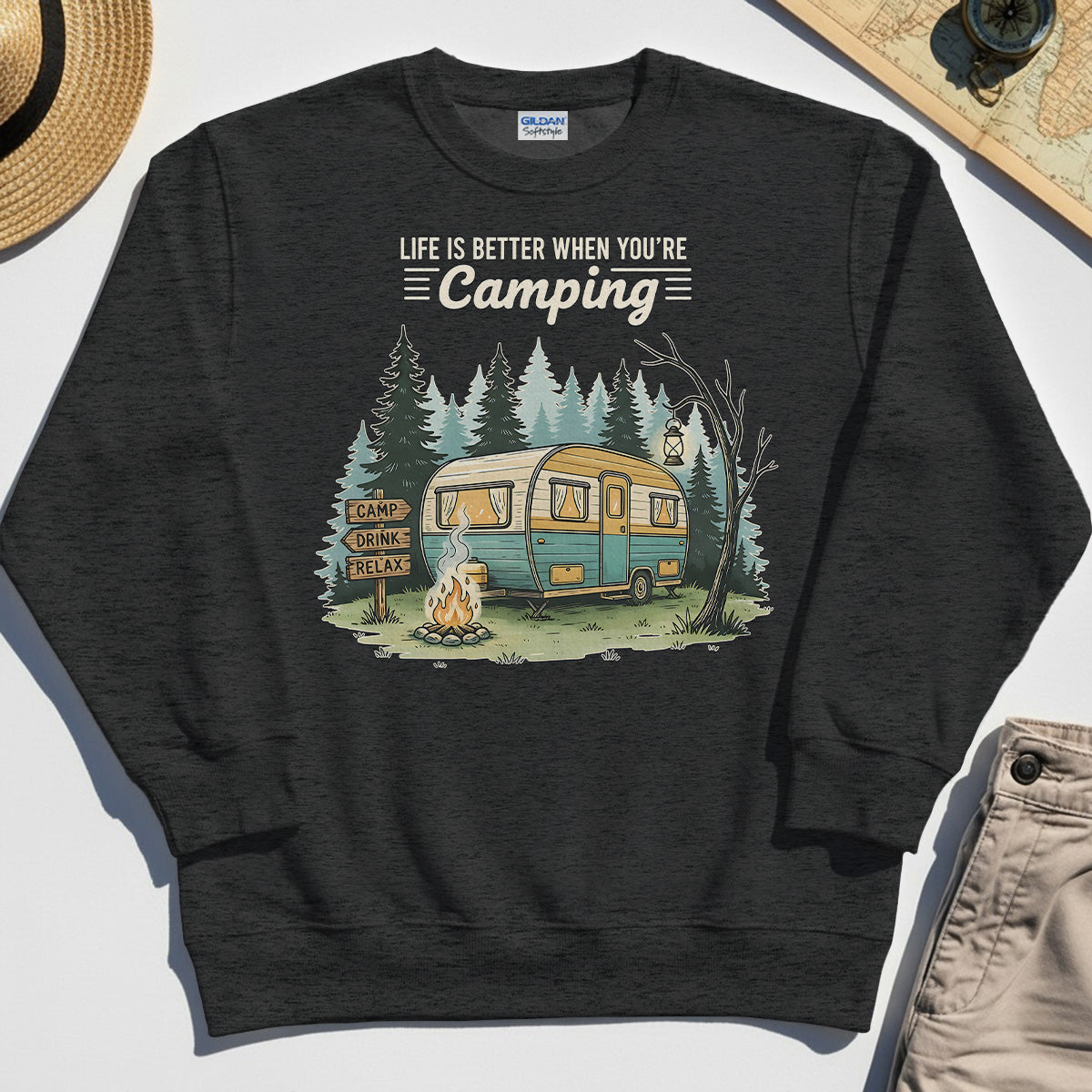 Life Is Better When You’re Camping Sweatshirt, Retro Camper and Campfire Sweatshirt For Travelers and Campers 1