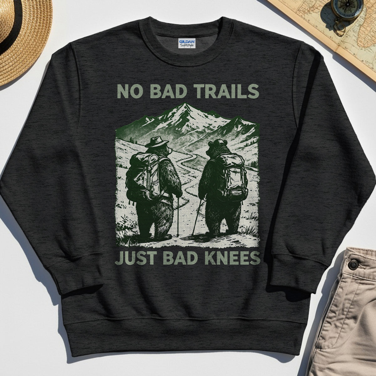 No Bad Trails Just Bad Knees Sweatshirt, Vintage Bear Backpacking Sweatshirt For Campers and Outdoor Enthusiasts 6