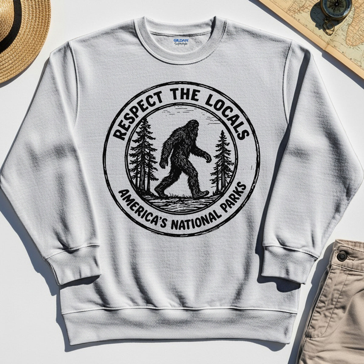 Retro Respect the Locals Bigfoot Sweatshirt, Funny Sasquatch National Park Camping Sweatshirt 7